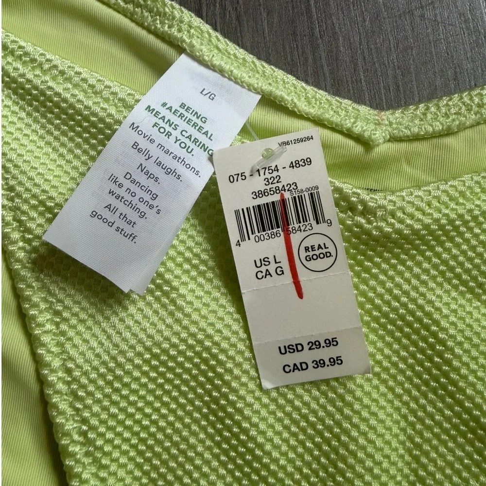 Aerie Real Good Neon Lime Green Textured Side Tie Bikini Bottom L